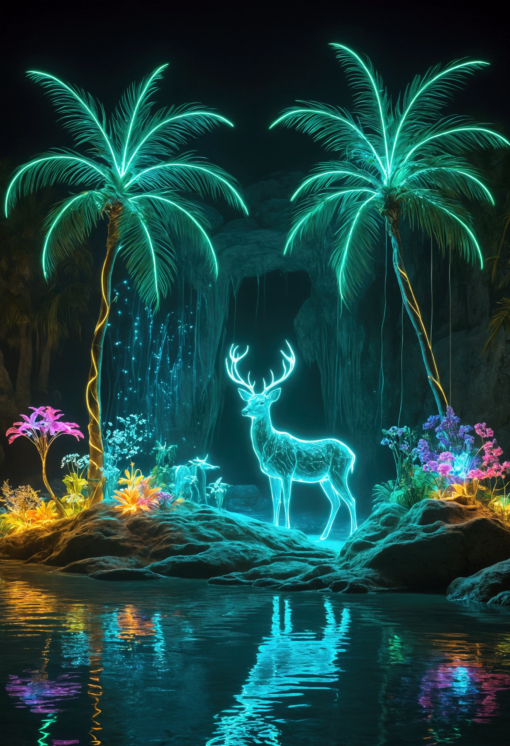 Mysterious island, Fantasy, Colourful, Bio-Luminescence, Neon holography, Transparent Materials, Transparent animals, Everything emits light itself, Luminous sand, Luminous palm trees, Luminous deer, Luminous river water Luminescent flowers, Luminescent flowers,