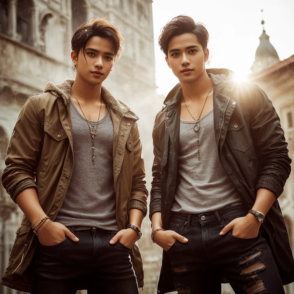 Professional photography, masterpiece, full body, two handsome Indonesian men, confident, charming, thin smiles, trendy short blonde hair, wearing parka jacket cosplayer assassin,with some necklace, they brown skin, long black ripped jeans at the knee, attractive poses, set on top of an old Italian building, dramatic lighting, lens flare, glitter effect, resembling photo Sony 7000D, ultra realistic, high definition with added elements of rain or fog
