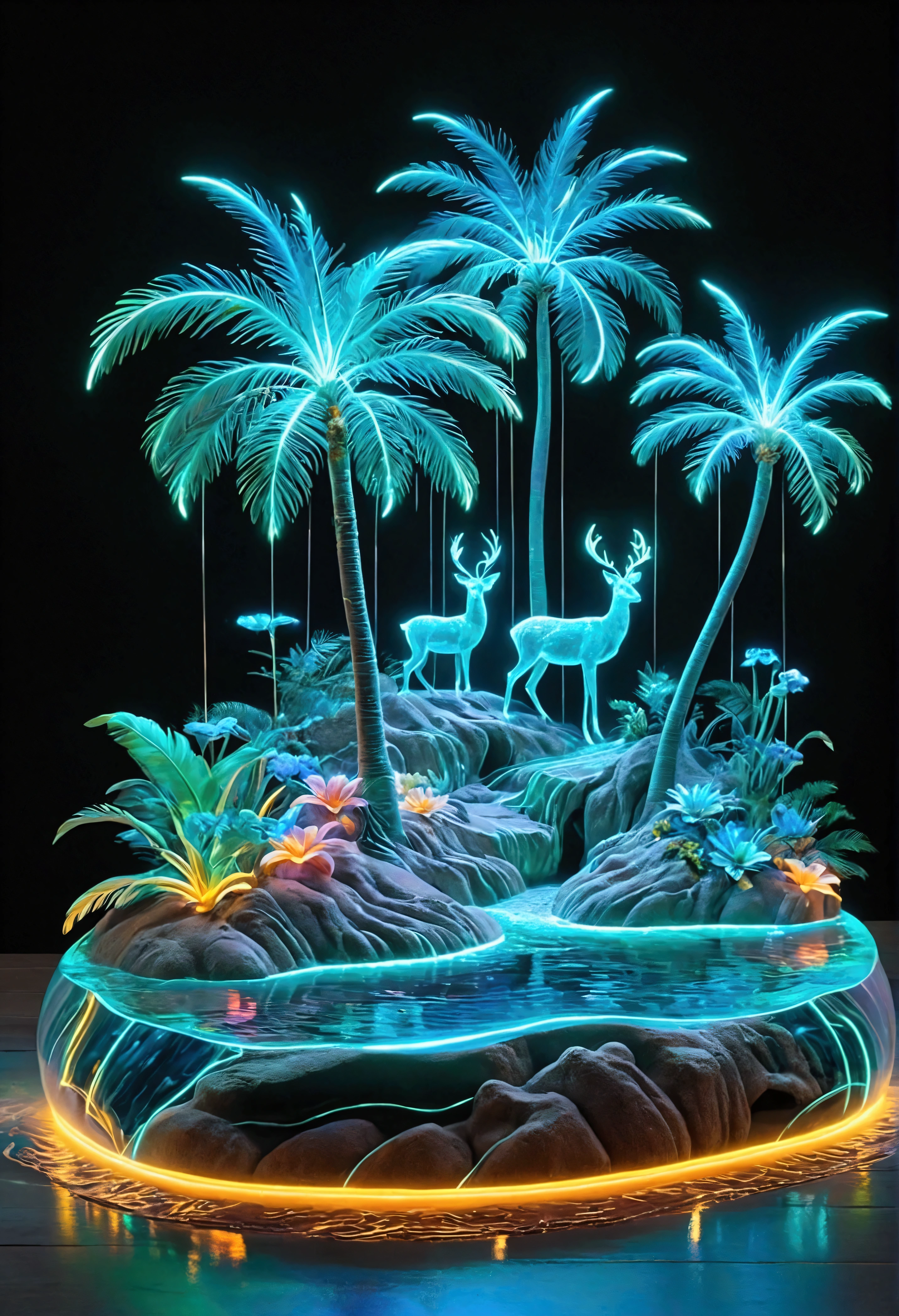 Mysterious island, Fantasy, Colourful, Bio-Luminescence, Neon holography, Transparent Materials, Transparent animals, Everything emits light itself, Luminous sand, Luminous palm trees, Luminous deer, Luminous river water Luminescent flowers, Luminescent flowers,