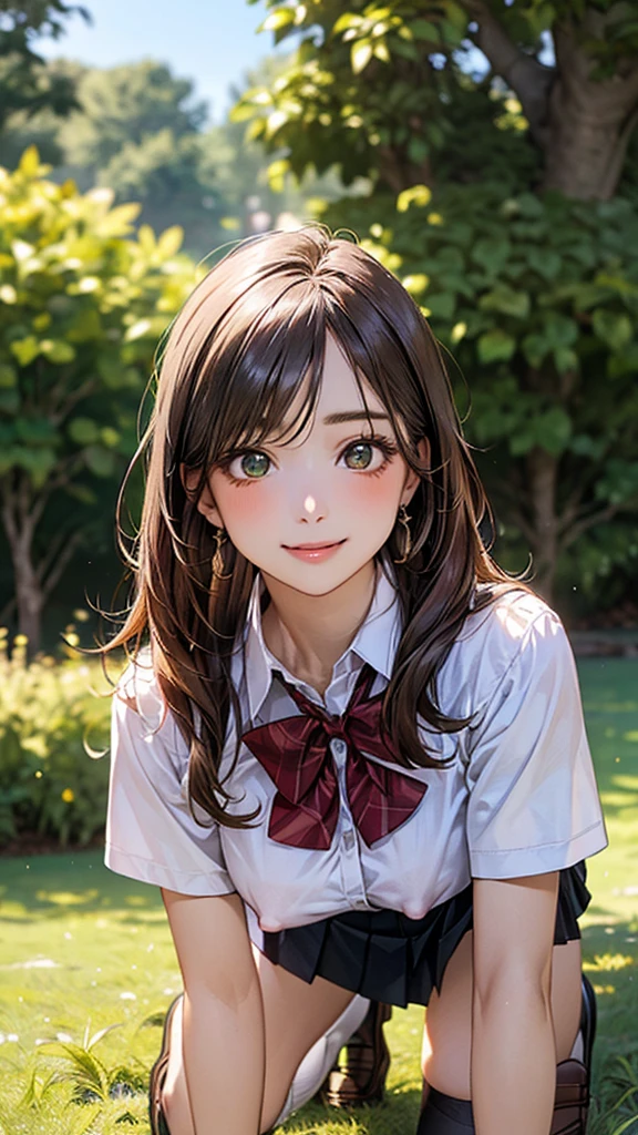 (masterpiece:1.2, top-quality), (realistic, photorealistic:1.4), beautiful illustration, (natural side lighting, movie lighting), 
looking at viewer, cowboy shot, front view:0.6, 1 girl, japanese, high school girl, perfect face, cute and symmetrical face, shiny skin, 
(long hair:1.8, straight hair:1.7, light brown hair), parted bangs, emerald green eyes, long eye lasher, (large breasts:0.9, thick thighs), 
beautiful hair, beautiful face, beautiful detailed eyes, beautiful clavicle, beautiful body, beautiful chest, beautiful thigh, beautiful legs, beautiful fingers, 
((, white collared shirts, black pleated mini skirt, black socks, brown loafers, red bow tie)), break, hoop ring earrings, pink panties, In the grass in the meadow, ((A girl is on all fours. She is holding on to a large dog on her back. The bottom half of the big dog is pressed against the bottom half of the girl's body.)
Her face is bright red, her brow is furrowed, her mouth is open, and she looks delighted. Her large breasts and nipples are standing out.

(The skirt is very short.)
(Very short skirt)