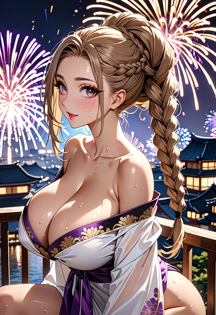 (((Highest quality, Ultra-high resolution、The most complex and detailed depiction)))、((masterpiece:1.3)), (8k, RAW Photos, Best image quality: 1.4), Very detailedな顔、Attention to detail、(Beautiful woman:1.4),(Realistic:1.4) (8k, RAW Photos,), (photo-Realistic:1.2), Very detailed, Beautiful attention to detail, (girl:1.3)Dark eyeliner、Eyelash length、False eyelashes、double eyelid、Brown eyes、Light fluorescent lip gloss, ((hostess:1.2)),(Huge breasts:1.6),、(Cleavage:1.2)、(((Light brown hair、braid one's hair、((Tie the braided hair behind your head,Put your braided hair up)))))、Gal-style makeup、Dark eyeliner、Black eyeliner、Heavy eye makeup、Eyelash length、False eyelashes、Eyelash length、Big eyes、Big black eyes、Big eyes、elongated nose、Heavy makeup、Face with gills、Spread your legs and look forward.、(((whole body)))、sexy、Glamorous Body、(Saggy breasts、Large saggy breasts)、((Sweat、Your body is wet))、((You can see the fireworks from the balcony))、(purple furisode、Gold embroidery),Looking back happily、Sit on the balcony、Beautiful nape
