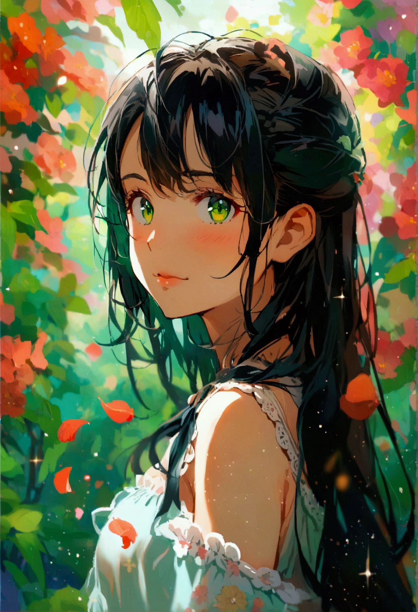 Anime girl, Long black hair, green eyes,aesthetic body,casual wear