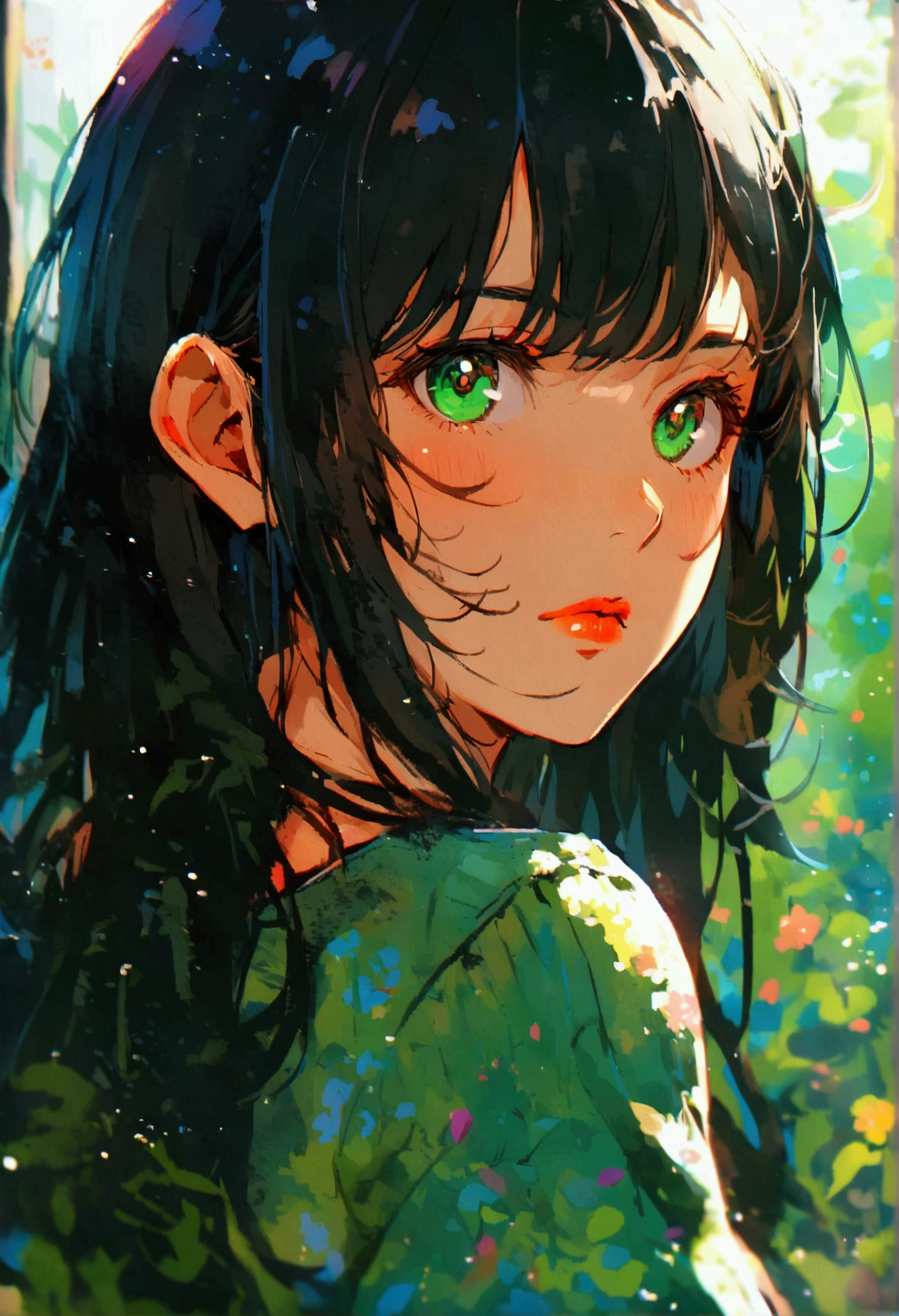 Anime girl, Long black hair, green eyes,aesthetic body,casual wear