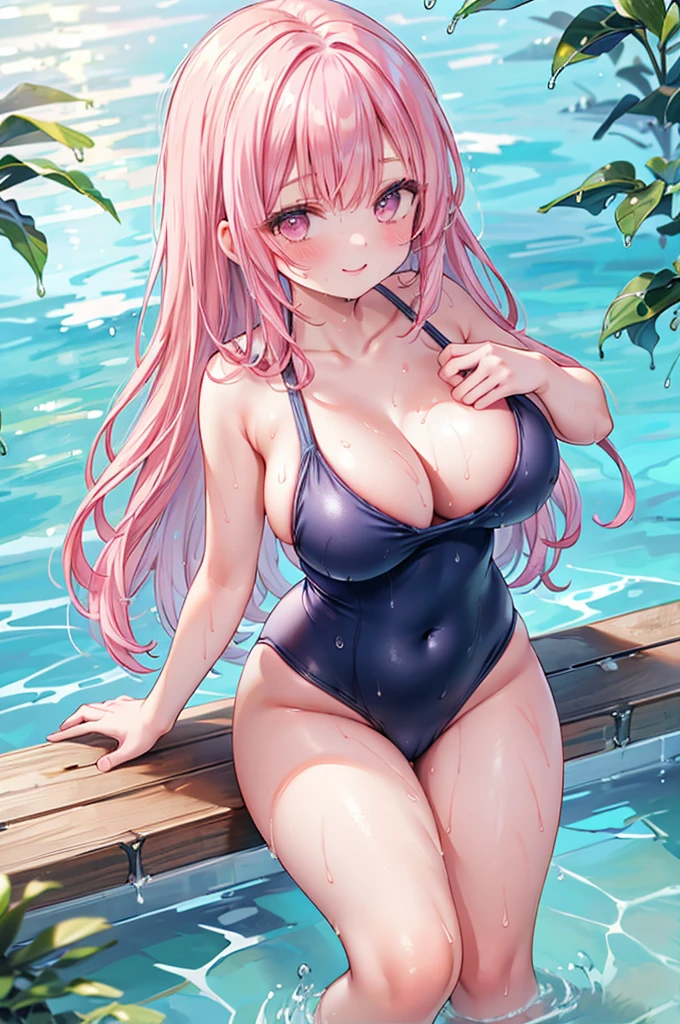 masterpiece, best quality, nsfw,
1girl, (dark blue school swimsuit, bare shoulders), from above,
big breasts, hanging breasts, cleavage,
grab breasts with hands, water collected in the cleavage,
pink hair, smile,
(wet body:1.5), pool,