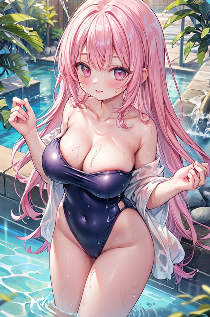 masterpiece, best quality, nsfw,
 1girl, (dark blue school swimsuit, bare shoulders), from above,
 big breasts, hanging breasts, cleavage,
 grab breasts with hands, water collected in the cleavage,
 pink hair, smile,
 (wet body:1.5), pool,