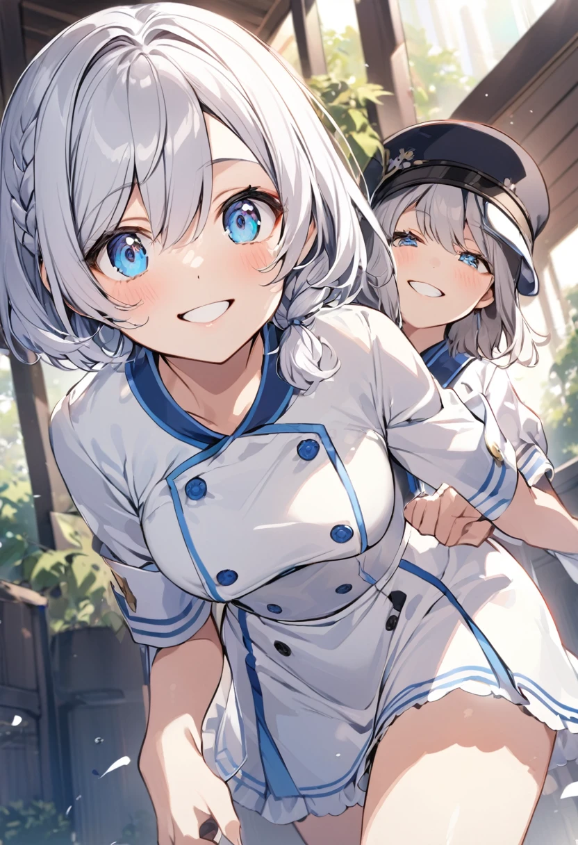 Silver Hair Asian smile Demure Drooping eyes short hair Braid uniform Blue Eyes