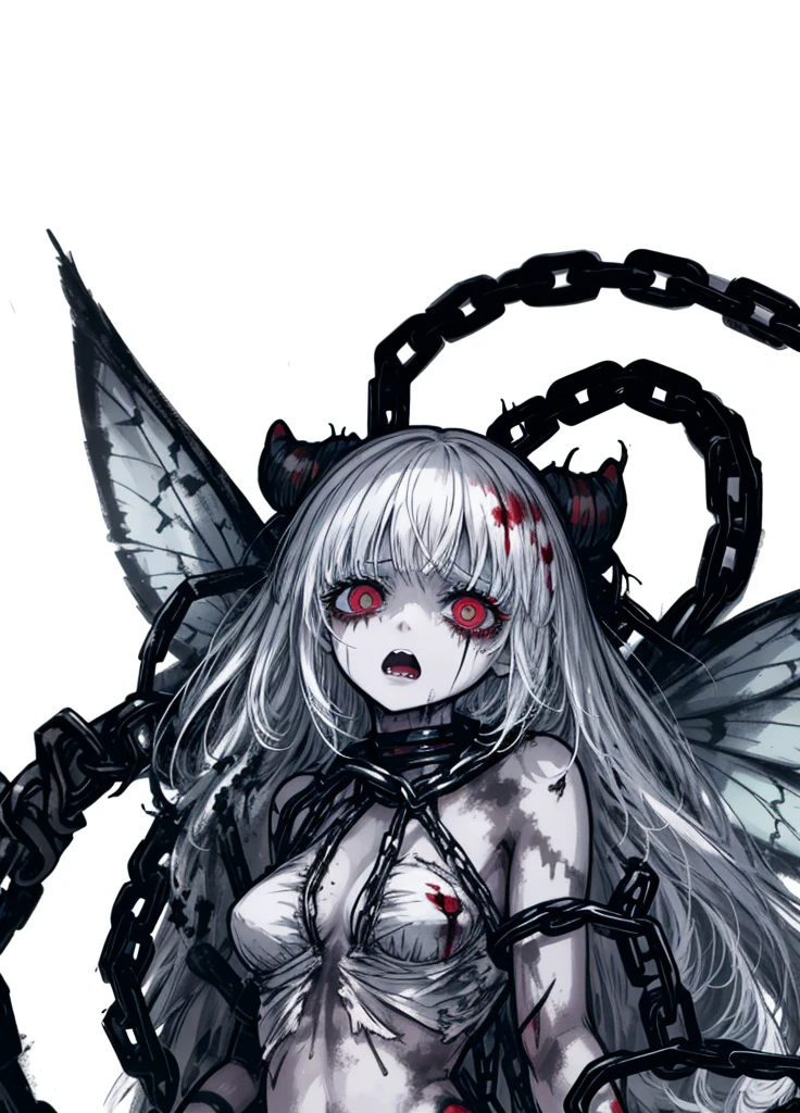 1girl, fairy, insect, white hair, blood tears, dark circles under eyes, cursed,(blood covered, chains), scar covered, (high resolution, high detail, best quality), pain, scream, scream