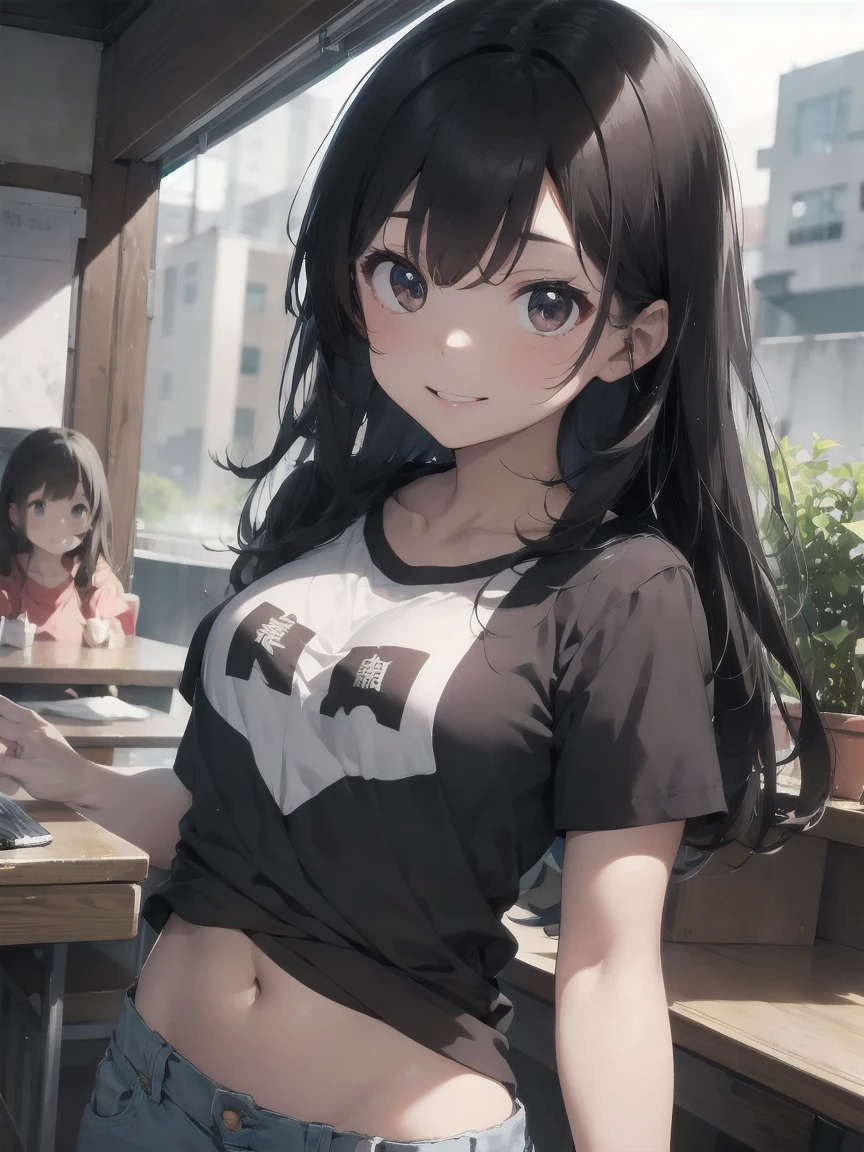 Highest quality, High resolution,thin、Brown eyes、expensive、Black Hair、(Long Hair:1.3),Straight hair、7 Class-large、Navel exposed、White short-sleeved T-shirt smile bright