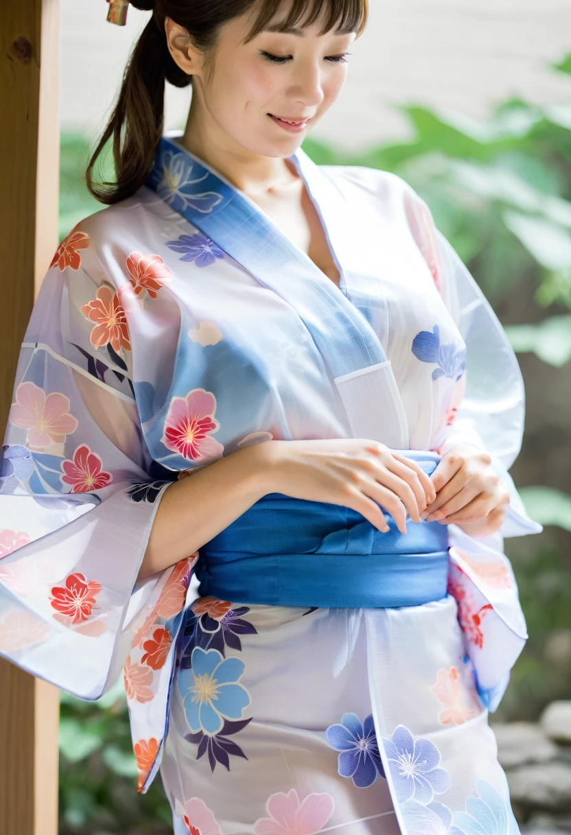 A woman wearing a thin, transparent yukata