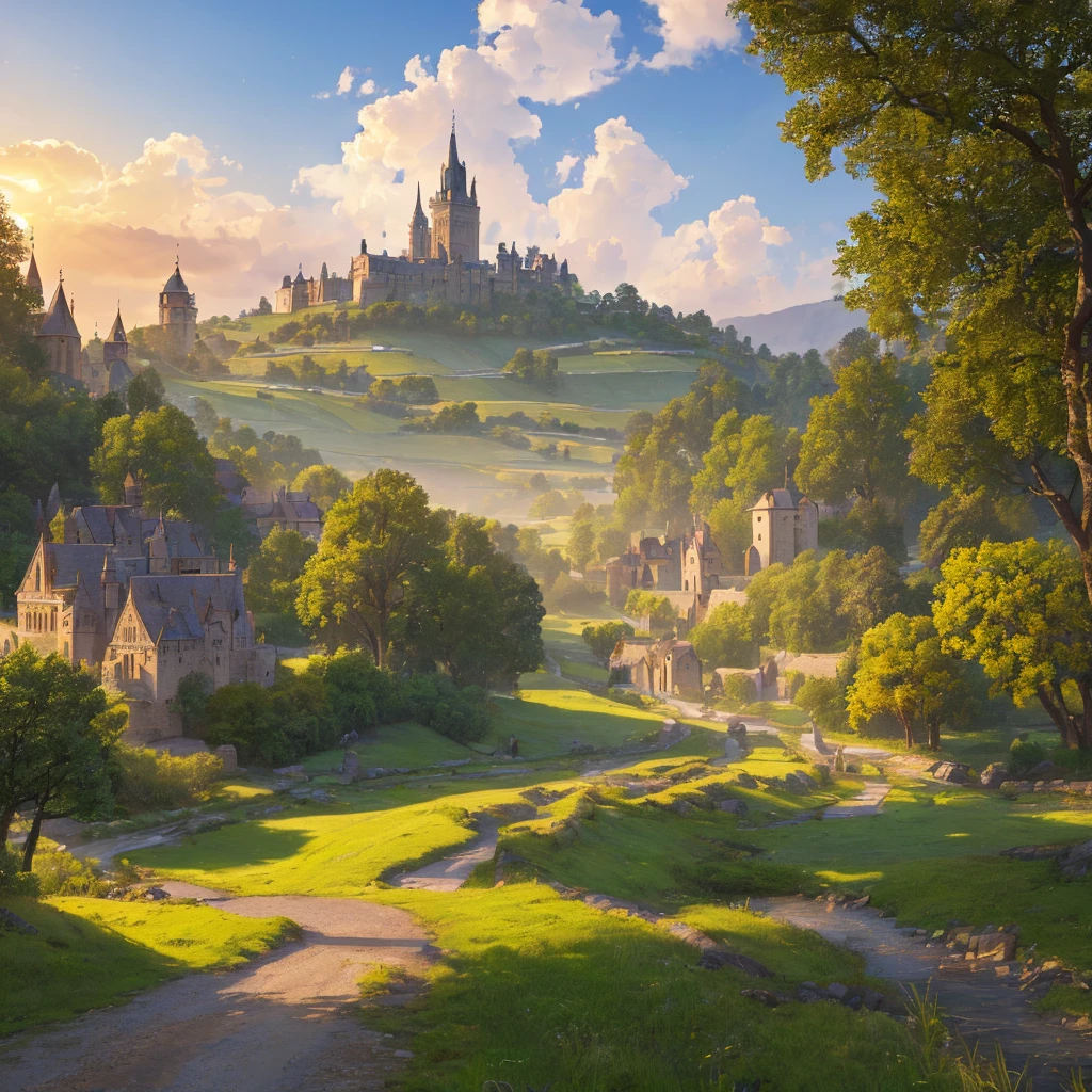 a fantasy medieval town, long winding road, horse drawn carts on road, rolling hills in distance, detailed architecture, intricate stone buildings, turrets and spires, ornate gates, cobblestone streets, lush green trees, warm sunset lighting, dramatic clouds, cinematic composition, (best quality,4k,8k,highres,masterpiece:1.2),ultra-detailed,(realistic,photorealistic,photo-realistic:1.37),landscape,cinematic,dramatic lighting,vivid colors