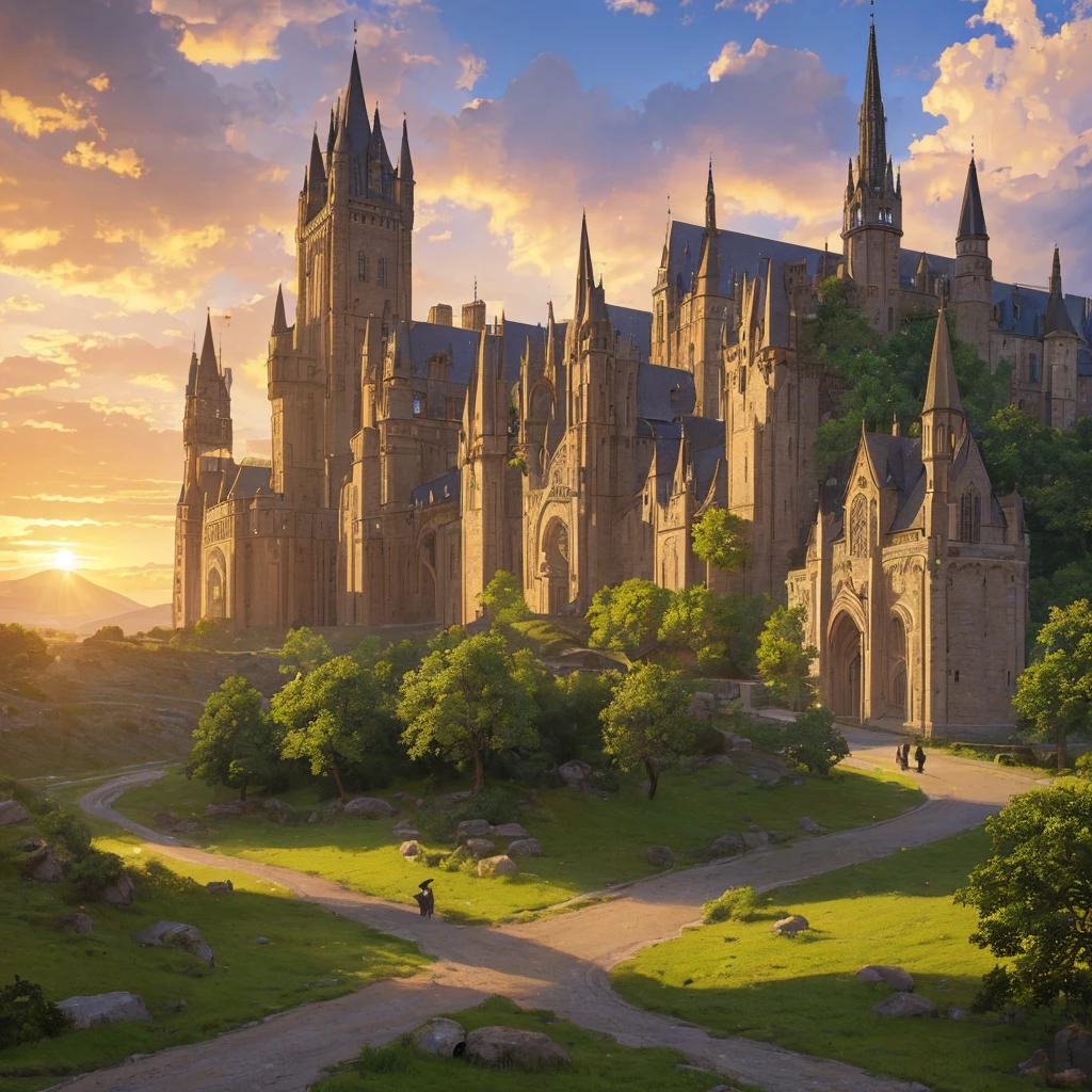 a fantasy medieval town, long winding road, horse drawn carts on road, rolling hills in distance, detailed architecture, intricate stone buildings, turrets and spires, ornate gates, cobblestone streets, lush green trees, warm sunset lighting, dramatic clouds, cinematic composition, (best quality,4k,8k,highres,masterpiece:1.2),ultra-detailed,(realistic,photorealistic,photo-realistic:1.37),landscape,cinematic,dramatic lighting,vivid colors