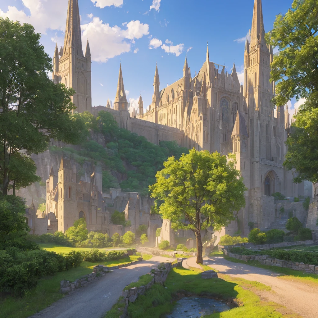 a fantasy medieval town, long winding road, horse drawn carts on road, rolling hills in distance, detailed architecture, intricate stone buildings, turrets and spires, ornate gates, cobblestone streets, lush green trees, warm sunset lighting, dramatic clouds, cinematic composition, (best quality,4k,8k,highres,masterpiece:1.2),ultra-detailed,(realistic,photorealistic,photo-realistic:1.37),landscape,cinematic,dramatic lighting,vivid colors