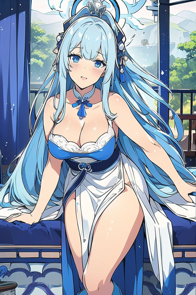 Silver long hair、Deep blue eyes、woman、美しいwoman、Large Breasts、Blue and white Chinese dress、A Chinese dress with a black translucent cloth in the cleavage、Outdoor、During sexual intercourse、orgasm、Shrine maiden costume with hidden curves(100-60-78cm)、he is short