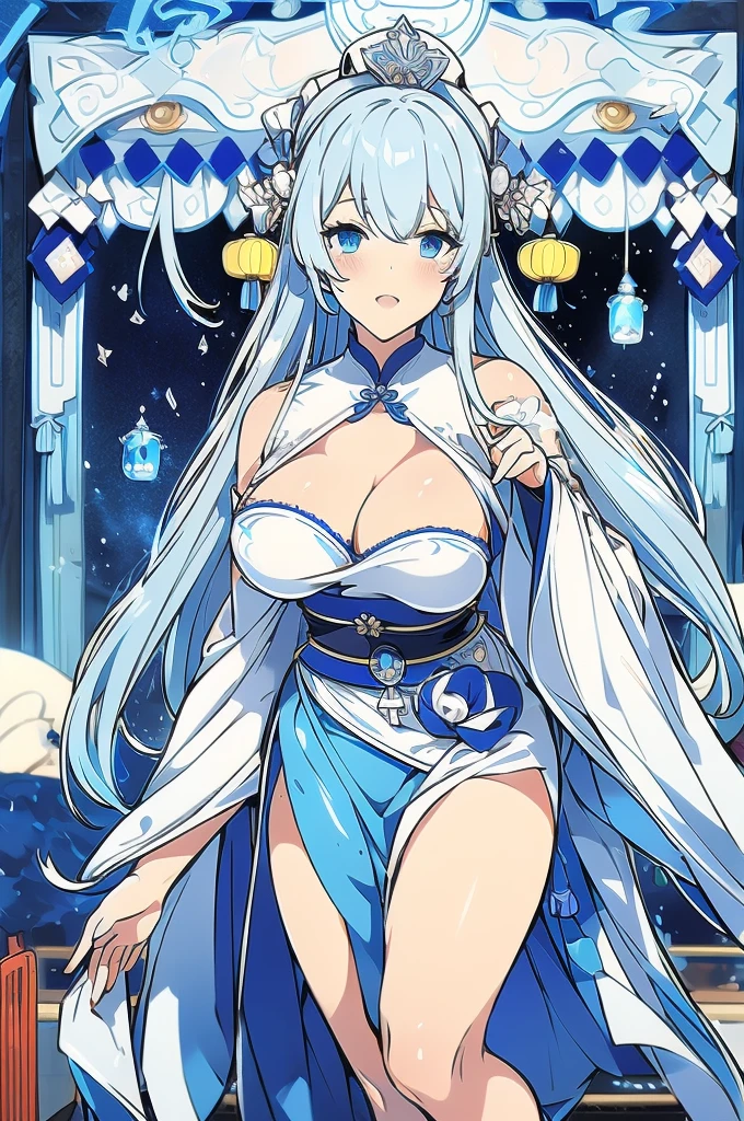 Silver long hair、Deep blue eyes、woman、美しいwoman、Large Breasts、Blue and white Chinese dress、A Chinese dress with a black translucent cloth in the cleavage、Outdoor、During sexual intercourse、orgasm、Shrine maiden costume with hidden curves(100-60-78cm)、he is short