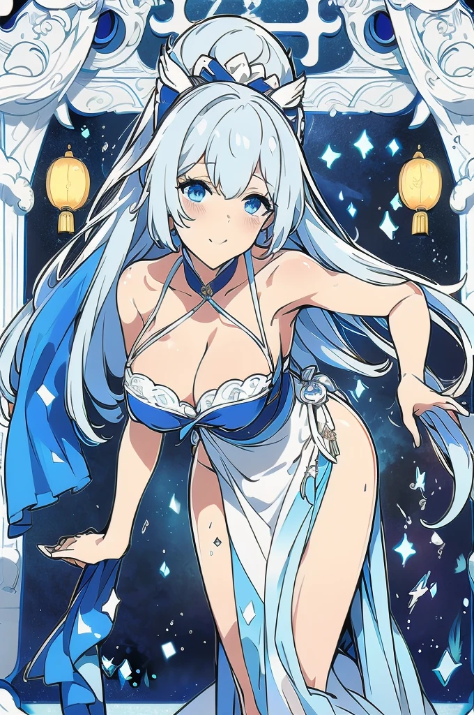 Silver long hair、Deep blue eyes、woman、美しいwoman、Large Breasts、Blue and white Chinese dress、A Chinese dress with a black translucent cloth in the cleavage、Outdoor、During sexual intercourse、orgasm、Shrine maiden costume with hidden curves(100-60-78cm)、he is short