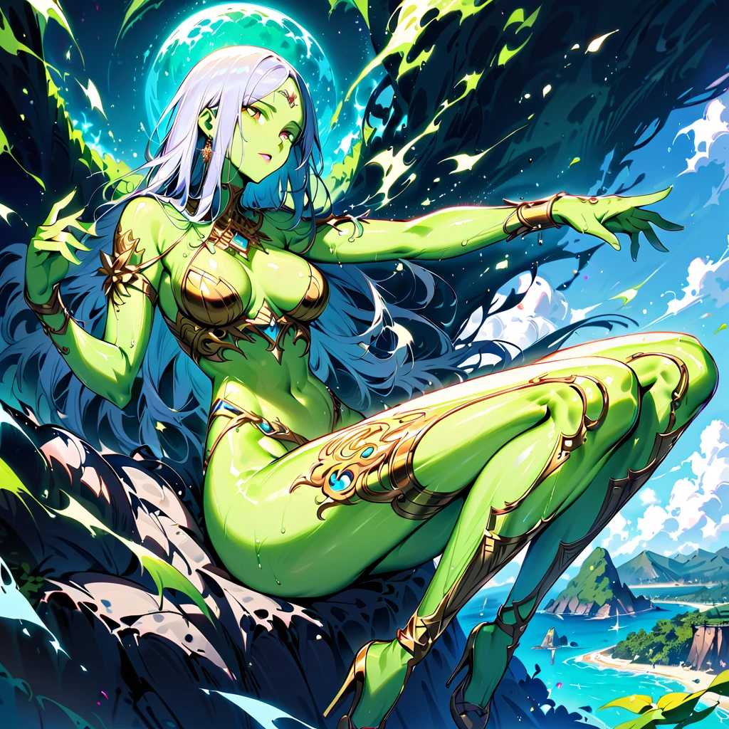 Young beautiful woman,(Highest quality,Extremely detailed depiction,Incredibly absurd high resolution,Anatomically accurate depiction,Nice hands, Perfect Fingers,Curvy Legs),(Glowing Skin,Shiny skin),A fantastic goddess in a gorgeous costume,There is cleavage in the chest,Glossy Lips,Sweat,whole body,background:A fantastic and mysterious giant island,Mysterious sight,Island Focus,