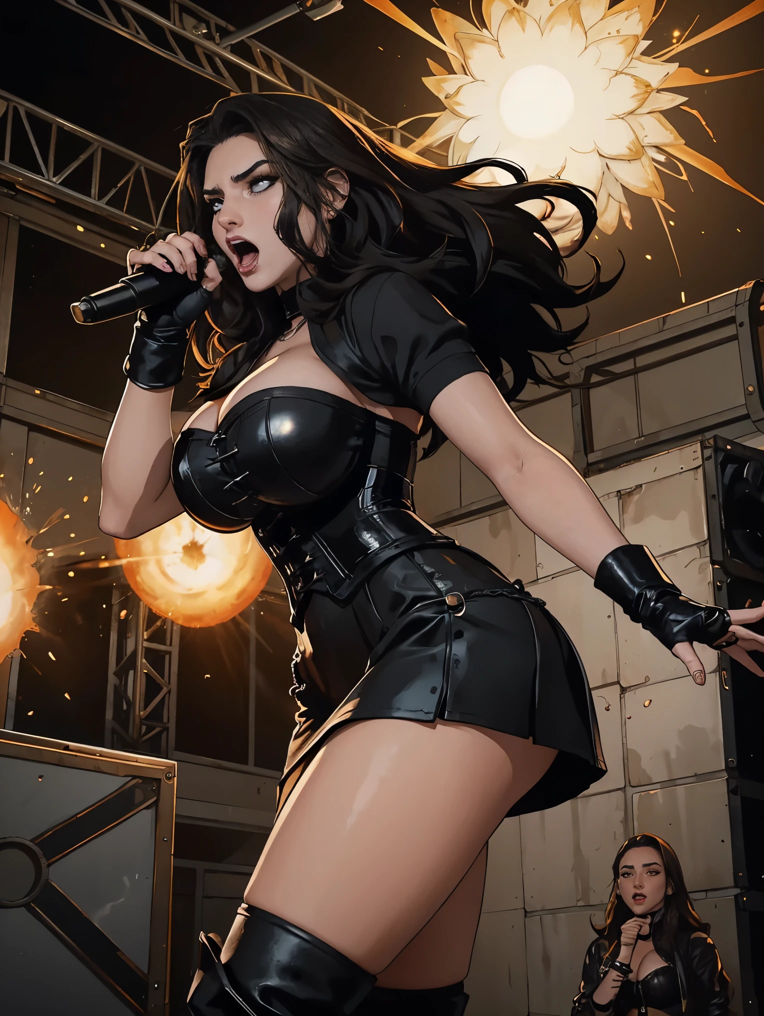 Extremely busty thin and toned brunette death metal singer, college girl, fair skin, big hair, hair pulled back, soft face, athletic, heavy makeup, piercings, black leather, studs, corset, boots, fingerless gloves, tight skirt, chains. standing on a stage, pyrotechnics, holding a microphone, metal concert. black butterflies. (microphone), angry, rage, screaming. Heavy metal. Death metal. Explosions, fire.