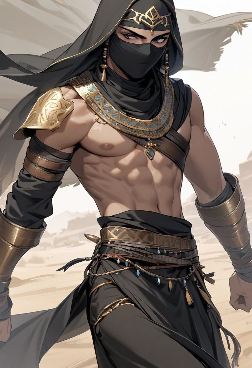 Male arab warrior, medivial, black balaclava, black bandage, black clothes, thin waist, skinny body, 