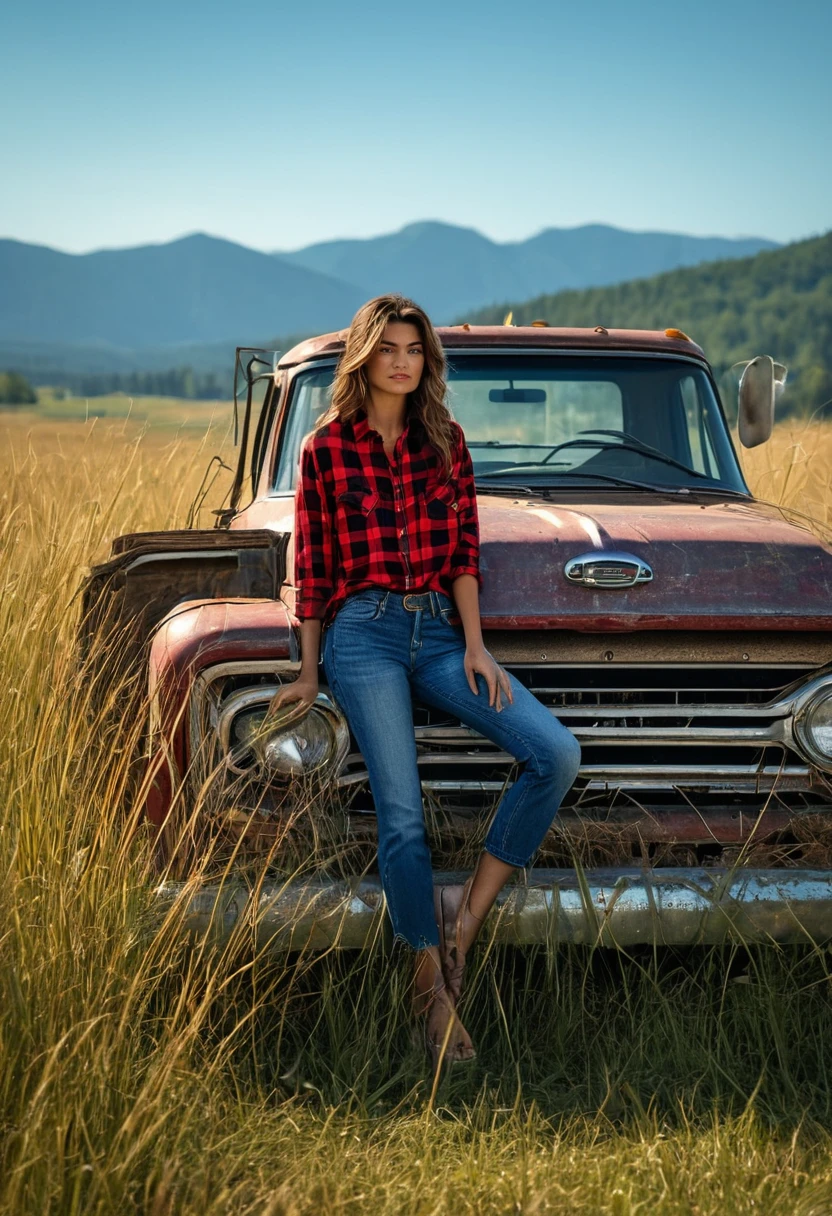 1grl, solo, Cinematic, realistic, UHD, A stunning close up photo of a young supermodel in red flannel shirt and denim pants perched atop an old, weathered blue matte pickup truck. She exudes confidence and grace as she poses barefoot amidst tall wild grass. The rustic fence and quaint farmhouse in the background hint at a serene countryside setting. A majestic mountain row looms in the distance, adding depth and scale to the scene. The overall atmosphere of the photo is natural and serene, capturing the essence of a perfect summer day