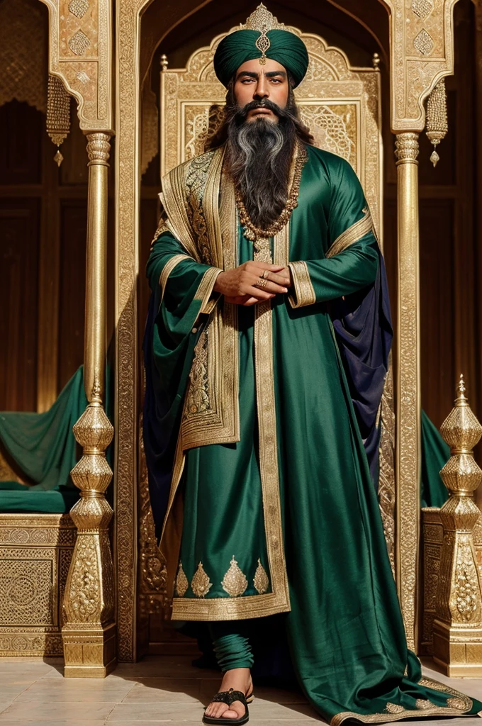 ((best quality)), ((masterpiece)), (detailed), perfect face
Shahjahan a Mughal emperor, having a beard and long hair. Wearing a Mughal crown, a lavish Mughal dress from Afghan with long green and black colour gown decorated with embroidery work and diamond stones on it,and wearing a Mughal kings shoes show me a full length image of shahjahan