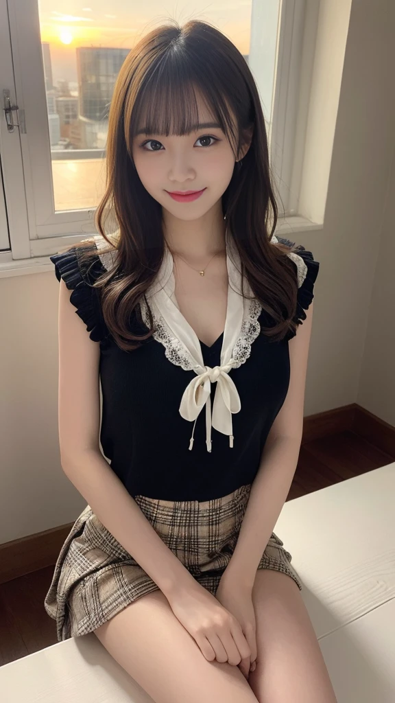 table top, best quality, illustration, Very detailed, exquisite details, hight resolution, 8K wallpaper, Perfect dynamic composition, (Beautifully detailed eyes:1.1), tied ribbon, high , pleated mini skirt, short wavy bob hair, (gigantic bust:1.2), Sexy poses, smile, school, 18 year old girl, (cute 1.3), Sexy photo looking at the camera, sunset, by the window, summer, Put on a little makeup