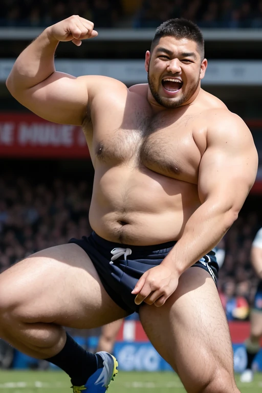 ((highest quality)), ((masterpiece)), (detailed), ((Perfect Face)), 4k, Shaved head, Young Japanese, Muscular, Fat body, Very big man, smile, ((showing off crotch)) A large Japanese man shirtless、whole body、Rugby player、Thick legs、Thick arm muscles、Intimidating、whole body、wearing a very tight and very short black-shorts, (shirtless)、((At the rugby field)), Legs open, haka dance, 