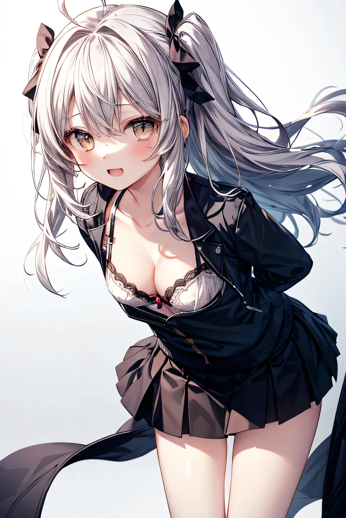 ((masterpiece, Highest quality)), (One girl), (alone), (Focus on women), (whole body)、(Ahoge, Gray Hair, Long Hair), Golden Eyes, Clear smile, Open your mouth, ((Black Skirt), (Short skirt)), Are standing, White Background, Put your arms behind your back, Dynamic Angle、((Bra visible through the gap)),((Flip up the skirt))、((Panties are fully visible))、blush、Leaning forward、cowboy shot、((Cleavage))、((Small breasts))