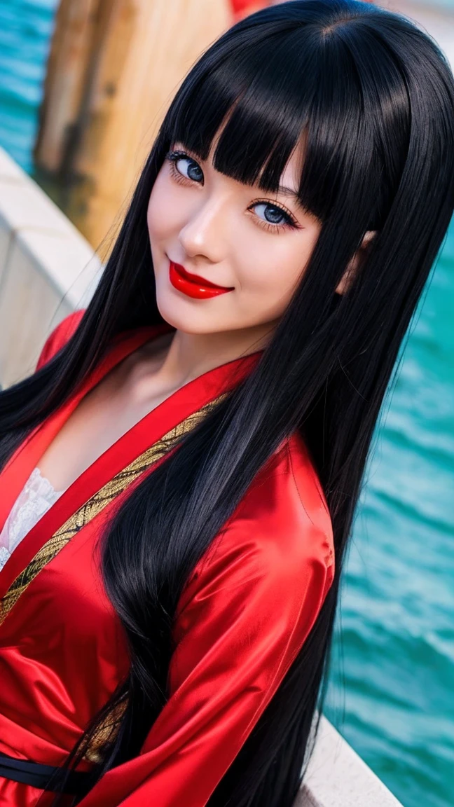 a person with long hair, red kimono, boa hancock, boa hancock from anime one piece, as an anime character, perfect anime face, she has black hair with bangs, female anime character, anime character, anime best girl, hime cut hairstyle, black hair, (red glossy lips:1.3), blue eyes, smile, sea background, (beautiful face:1.3)