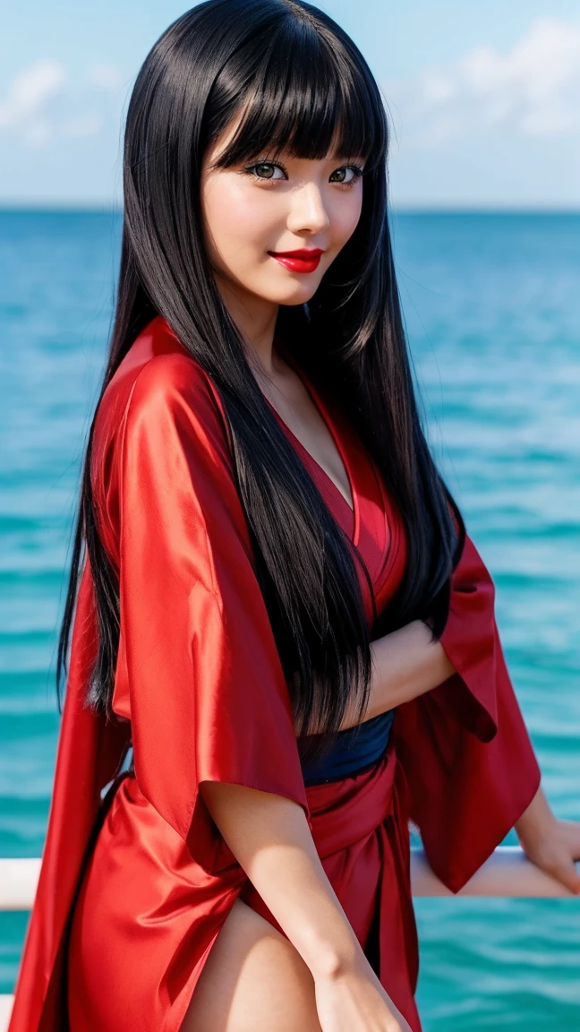 a person with long hair, red kimono, boa hancock, boa hancock from anime one piece, as an anime character, perfect anime face, she has black hair with bangs, female anime character, anime character, anime best girl, hime cut hairstyle, black hair, (red glossy lips:1.3), blue eyes, smile, sea background, (beautiful face:1.3)