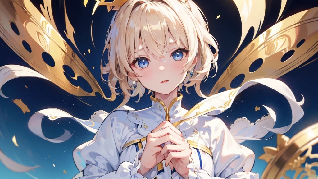 (Highest quality) (4K) (8k) (High resolution) (masterpiece:1.2) (Super detailed) One boy short hair Wizard Blue Eyes Long sleeve Golden decoration Hair between the eyes White Dress Wavy golden hair Upper Body (large crown) (White Background) (Cast a spell) front Face close-up