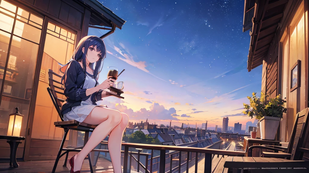Woman sitting on the balcony looking up at the sky),(drink coffee),(Comfortable and comfortable seats),(The sky is clear.),(Evening),(Anime style landscape wallpaper with special details.),woman sitting with cat,