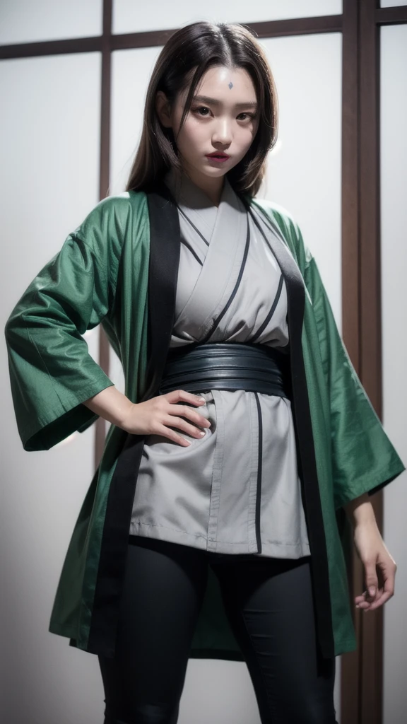 (masterpiece, best quality:1.2), solo, 1girl, tsunadedef, forehead mark, smile, looking at viewer, hand on hip, japanese clothes, green haori, grey kimono, sash, pants