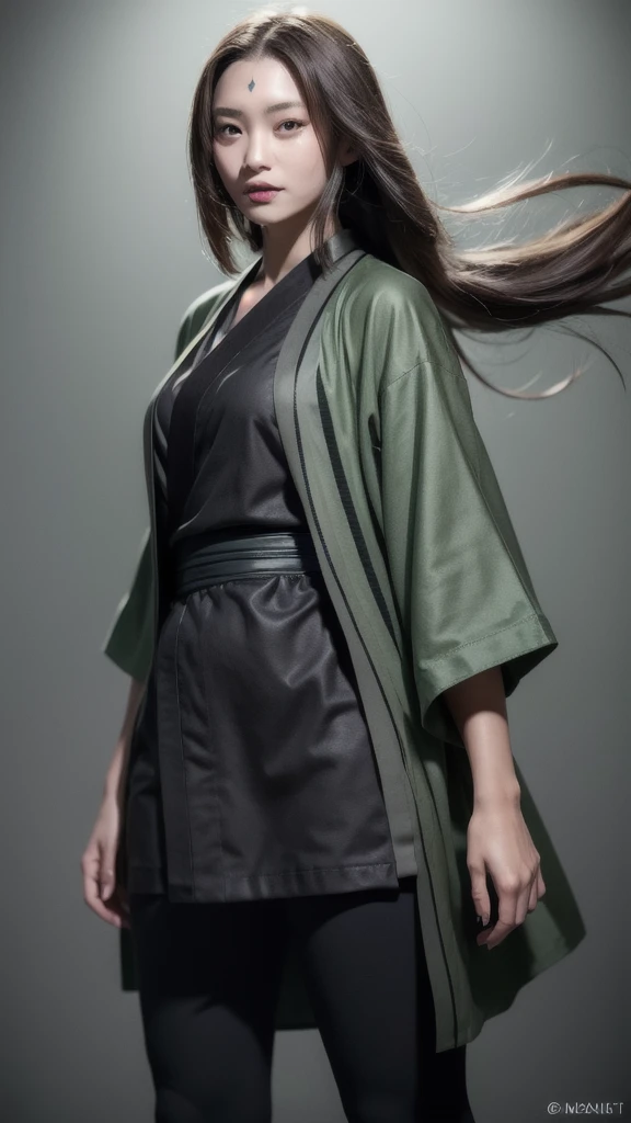 (masterpiece, best quality:1.2), solo, 1girl, tsunadedef, forehead mark, smile, looking at viewer, hand on hip, japanese clothes, green haori, grey kimono, sash, pants