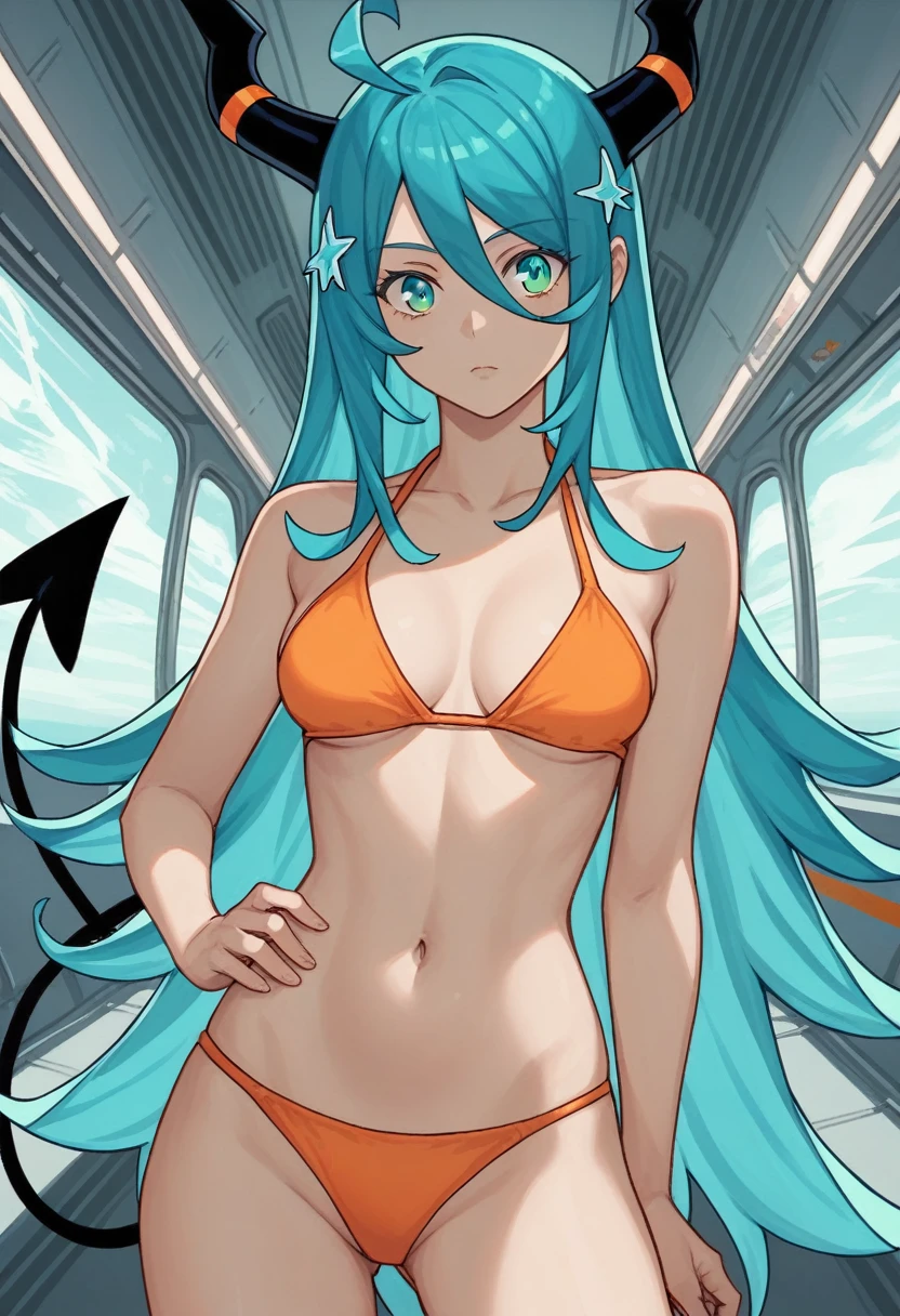 score_9, score_8_up, score_7_up,1 daemon woman, black  horns, black demon tail, (aquamarine hair),aquamarine green color hair,ahoge, long hair, (long hair),bangs, light orange bikini, bikini is orange, bikini orange, orange bikini!, (aquamarine eyes), background is spaceship, aquamarine eyes, 1woman ,facing viewer, daemon girl,  close up,Well-endowed, alone, Spacecraft interior, sexy pose