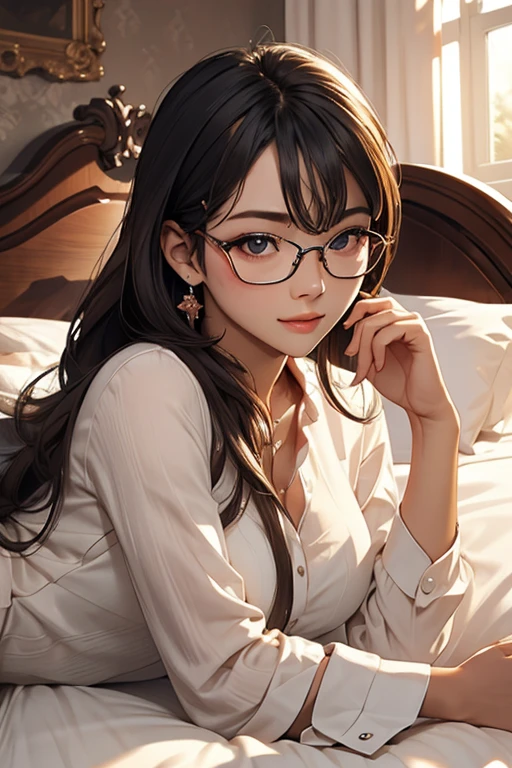 Highest quality、masterpiece、High sensitivity、High resolution、Detailed Description、Slender women、Glasses、Lying on the bed、