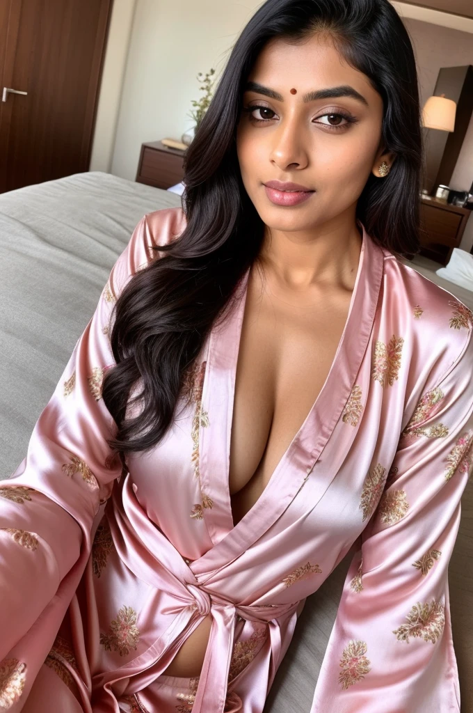 beautiful Indian woman, looking directly at the camera, very realistic, instagram selfie, closeup face, at home, silk floral pyjamas, clothes tight against body, clothes too tight, film grain, fit muscular body, big breasts, focus on face and torso, clothes too tight, seductive, silk robe