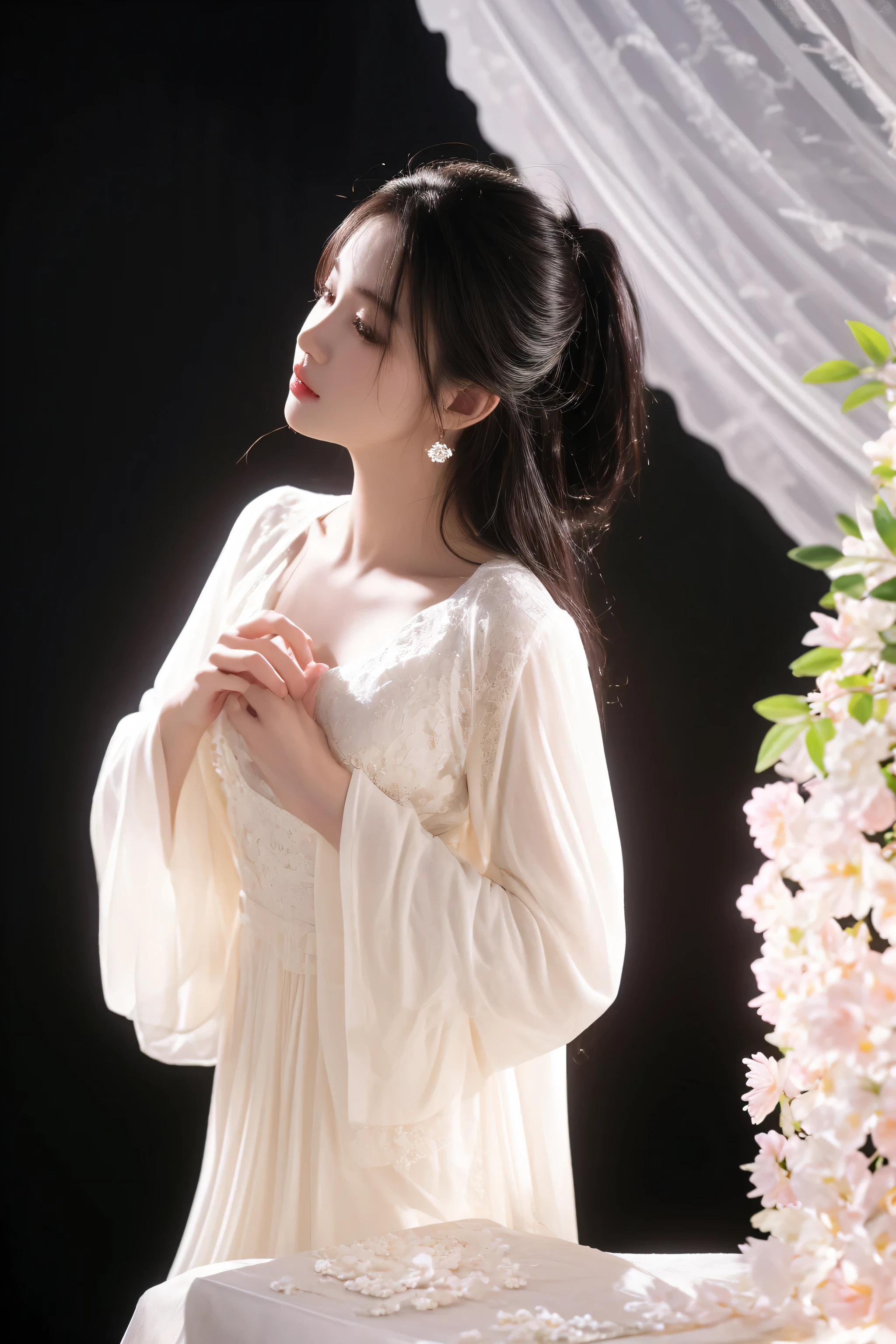 there is a woman standing in front of a cake with flowers, white hanfu, wearing a nightgown, ethereal beauty, a stunning young ethereal figure, wearing white silk robe, soft ethereal lighting, palace ， a girl in hanfu, dreamy and ethereal, a beautiful woman in white, ethereal and dreamy, flowing robe, a still of an ethereal, yun ling