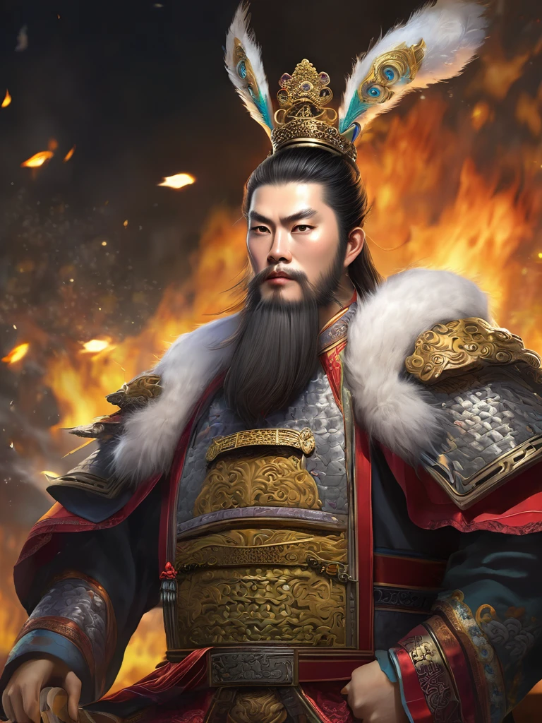 masterpiece,best quality,Very detailed,Extremely detailed, Dong Zhuo,Close-up：One with a beard、Man wearing a crown, China, Look clothes, Portraits inspired by Huang Shen, cg Social Hotspot, Under the Art, Dong zhuo, bian lian, heise jinyao, Liang Xing, feng shu, kuang hong,Yang Qi, photo of , hua cheng，obesity,lol,Vicious,Dark background, belt, Sky, cloud, fire, Upper Body, Fur trim, Shut up, brown