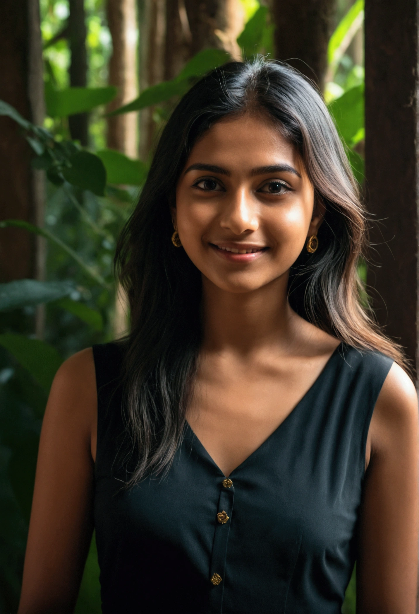 RAW photo, face portrait photo of beautiful 26 y.o woman, cute face, wearing black dress, happy face, hard shadows, cinematic shot, dramatic lighting, Indian, jungle, in sari