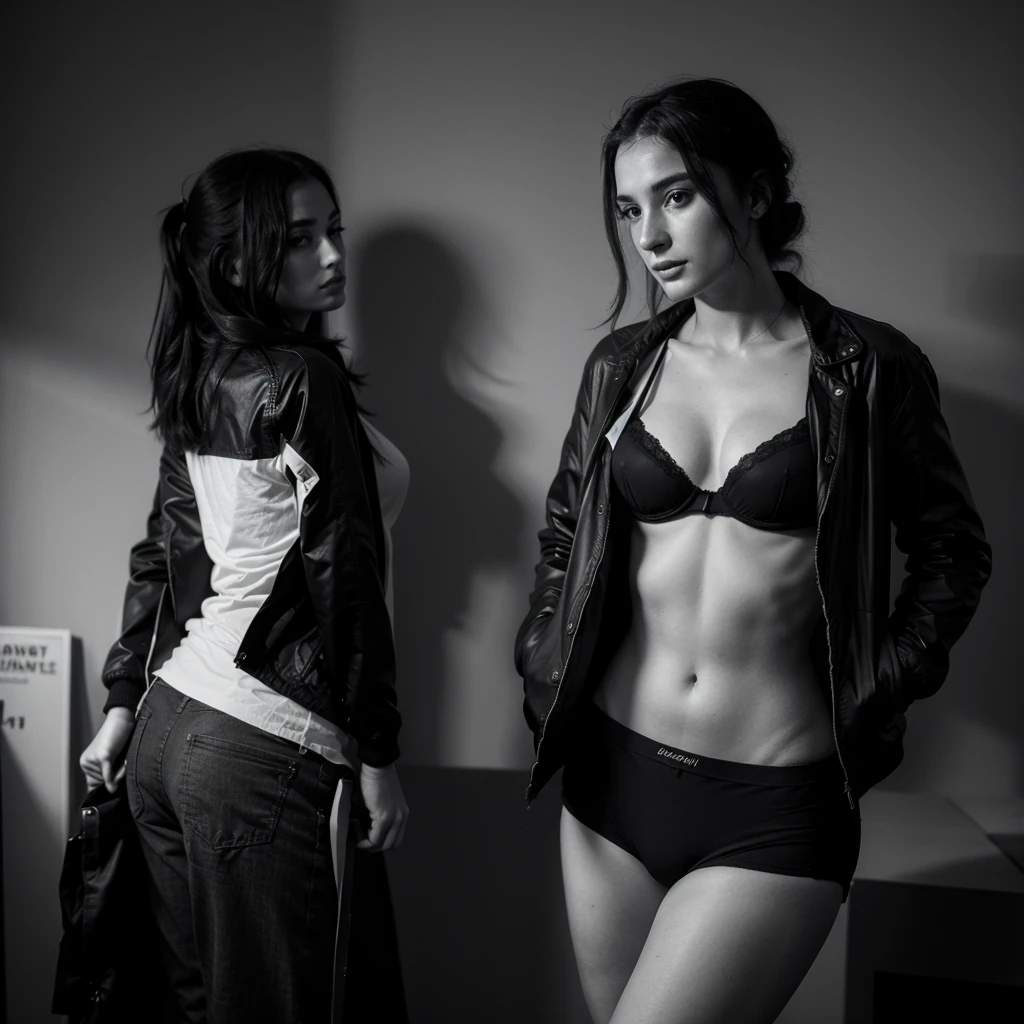 photographie d’une femme de 20 ans, visage parfait, masterpiece, Great, underwear, noir_Great, jacket, noir_culotte