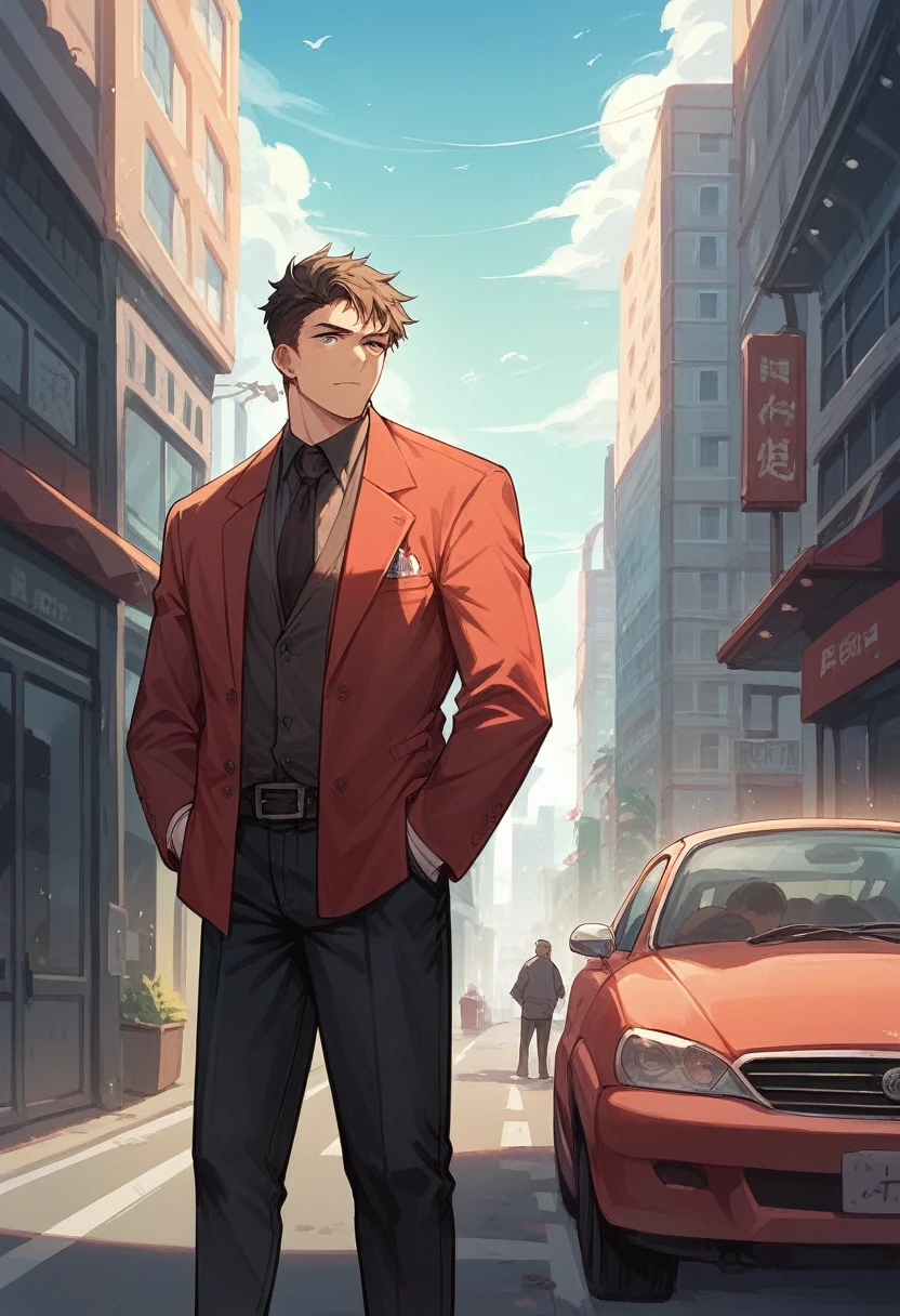 A man With a suit of red coat and black pant.
Background a city and a rolls royles car near