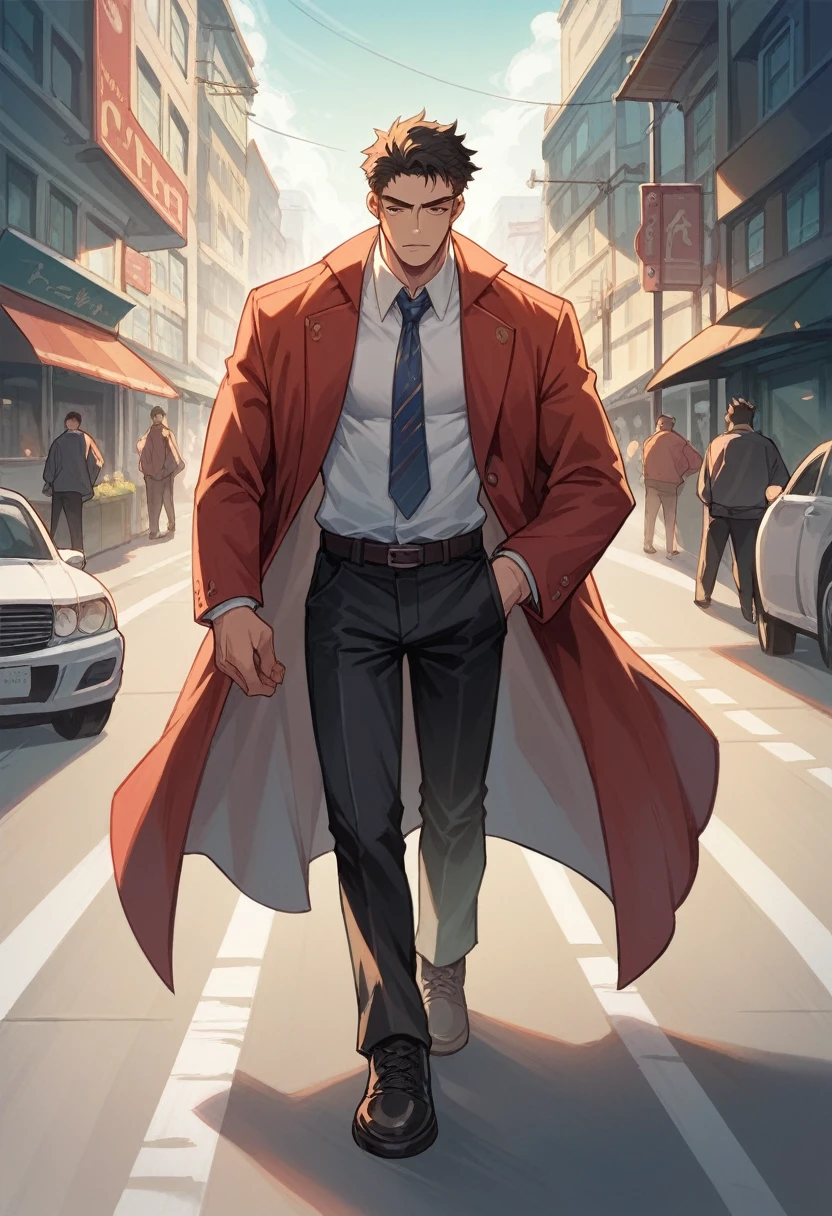 A man With a suit of red coat and black pant.
Background a city and a rolls royles car near