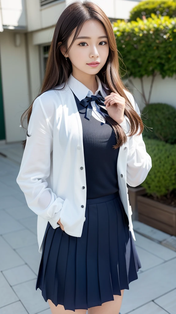 Mix 4, (16 ก, raw photography, Highest picture quality, Masterpiece: 1.45), (realistically, Virtual image: 1.37), one woman, cute little, city scenery,, professional lighting, Photon mapping, ห้องเรียนของschool, Physical rendering, dark brown hair,Ponytail hairstyle, Well-groomed and beautiful eyes、Double eyelids、perfect hand,perfect face,Young woman too, (((student clothes、Blazer、Long-sleeved shirts worn by Japanese high school girls.、tied ribbon、dark blue short skirt,、dark blue socks、black loafers))), High quality photosสุด, high resolution, 1080P, (Clear face), (Detailed description of the face), (Detailed hand description), (Masterpiece), (beautiful CG)、intense light and shadow、disheveled hair、Prototype work、Lots of details、(Good looking)、(High quality photoasseter piece)、(Detailed eyes)、Look in front of you、fine clavicle、((Big and slender))、(((Japanese wear long sleeve shirts)))、((Neat and clean idol))、((school、พื้นschool、The school building is in the back.))、(Shooting from a random perspective)、(((Still cute)))、earring、Smile broadly.、Pull your entire body away from your knees.、Do not draw the crease of the nose.、(((Sports bags that are commonly used by Japanese students.)))、(Big breasts hanging down big:1.2)、Big buttocks with tension、Two arms and two legs、(((from the front:0.7)))、Empty hands、(((Symmetrical left and right eyes)))、Standing position、Put your hands on your table.、