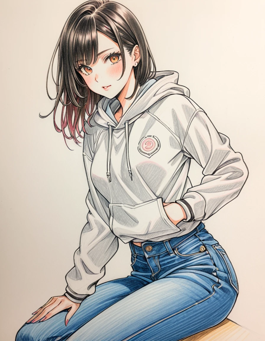 woman、hoodie、Denim pants、art、Colored pencil drawing、draft,