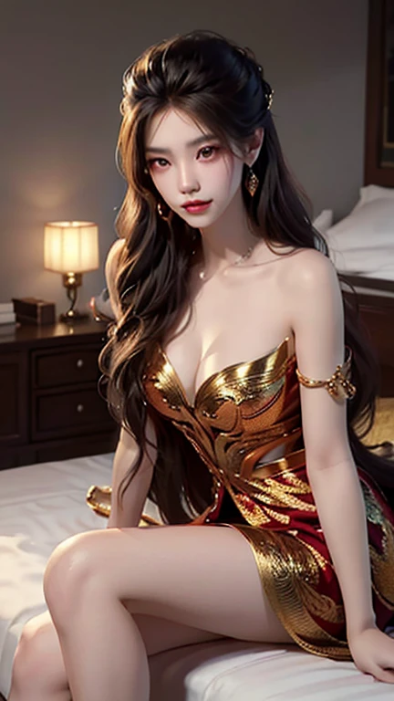 I, ((Yu Suxin,1 woman,lonely)), Warm colors, atmosphere, 4K, Masterpiece, high resolution, Ridiculous, bare shoulders, sexy long legs, on the bed, Pose, Brown wavy hair, passion, eyes, shy, pure desire, draw, sexy pose, big breasts, very detailed face, Light and delicate makeup, charm and sophistication, ท่าทางที่น่าdraw, beauty, grace, realistic, very detailed, miraculous, beauty的, youthful and energetic, Charming model