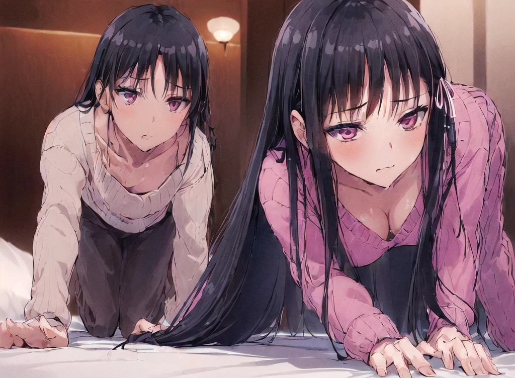 (A woman is fucked by a man on all fours:1.5)、(In a hotel bed:1.2,Azune, Long Hair, Black Hair, (Single-edged:1.2), Hair Ribbon,Pink Eyes,Gray Knit Sweater Dress,V-neck,long sleeve bodycon dress,Moe sleeves,from the front