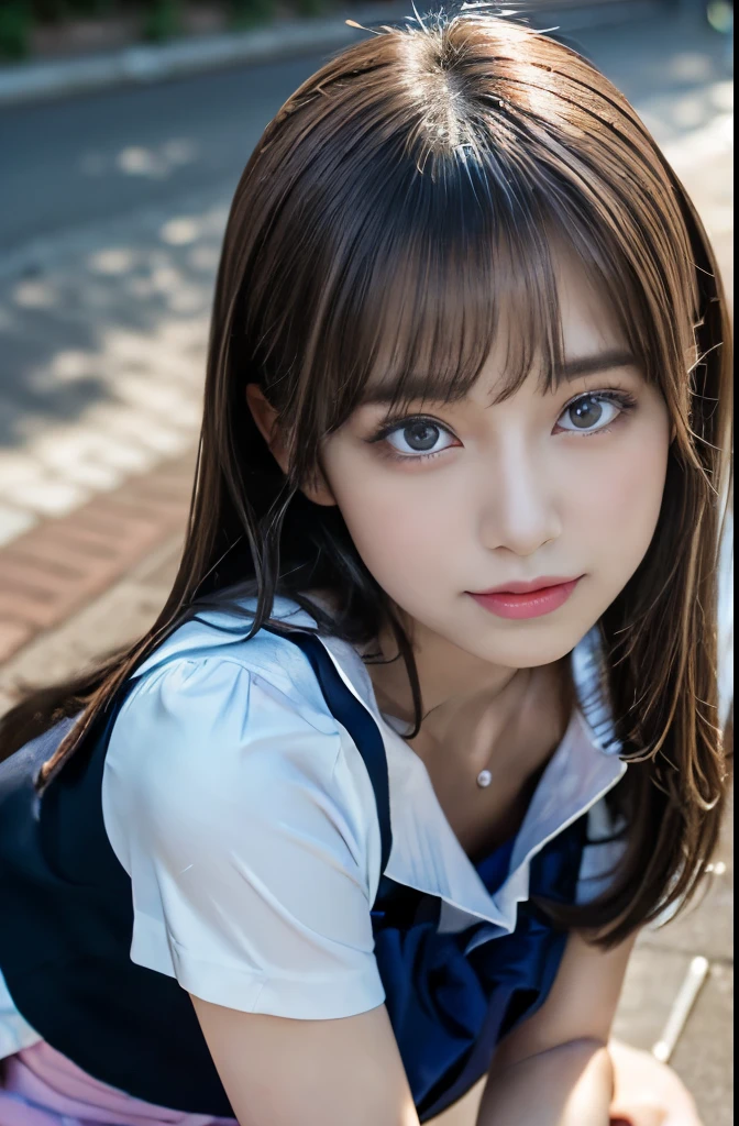 (SONY_α1.SEL50F12GM.Combined shooting), Ultra high definition, ((detailed beautiful eyes and detailed face, masterpiece side light, masterpiece, Highest quality, detailed, High resolution illustrations), (1 girl, beautiful girl, Glowing Skin), (Shiny hair, Pink Eyes, Eyes of Passion, skirt, ribbon, Button-down shirt:0.6,Beautiful clavicle:1.27), ((Kneel on the ground:1.5)), ((Looking down at the viewer:1.5)), (Moist eyes:1.2), (school uniform, プリーツskirt,:1.3), Soft skin texture,Soft lips, (Highest quality:1.4), 非常にdetailedな,8k Raw Photo:1.5, 非常にdetailedな, High resolution raw color photos, Professional photography, Realistic portraits, A scene from a movie,