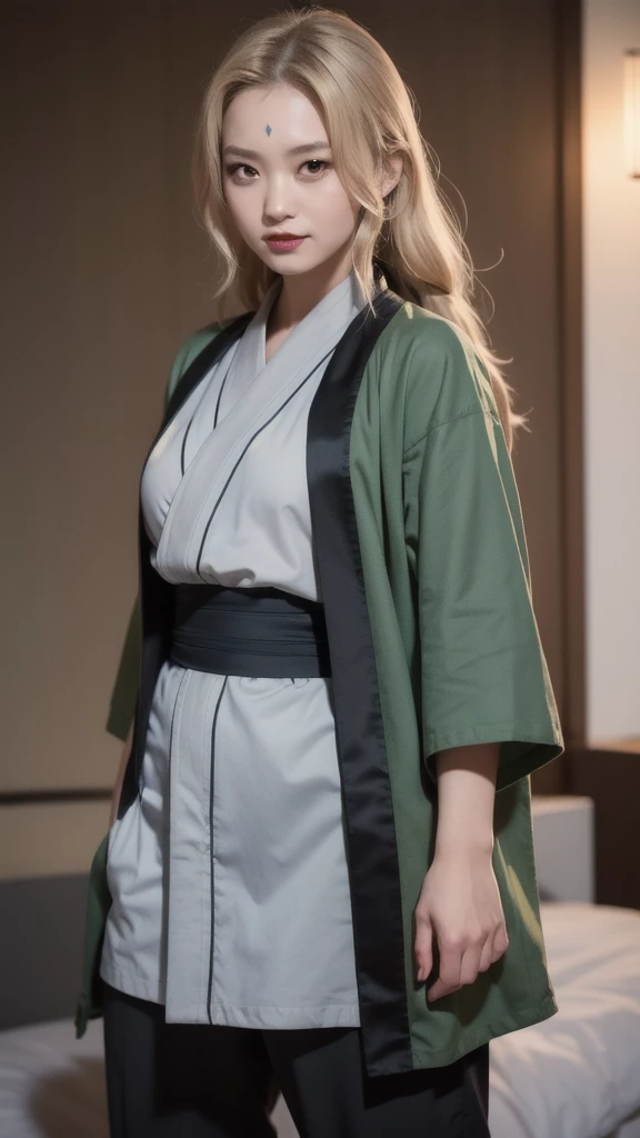 (masterpiece, best quality:1.2), solo, 1girl, tsunadedef, forehead mark, smile, looking at viewer, hand on hip, japanese clothes, green haori, grey kimono, sash, pants
