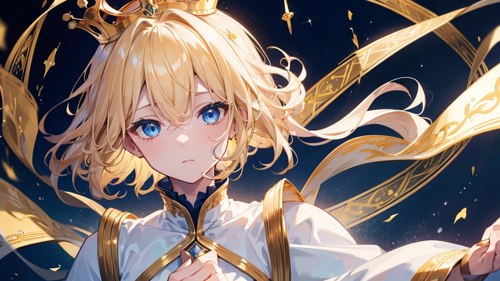 (Highest quality)　(4K)　(8k)　(High resolution)　(masterpiece:1.2)　(Super detailed)　One boy　short hair　Wizard　Blue Eyes　Long sleeve　Golden decoration　Hair between the eyes　White Dress　Wavy golden hair　Upper Body　(large crown)　(White Background)　(Cast a spell)　front　Face close-up