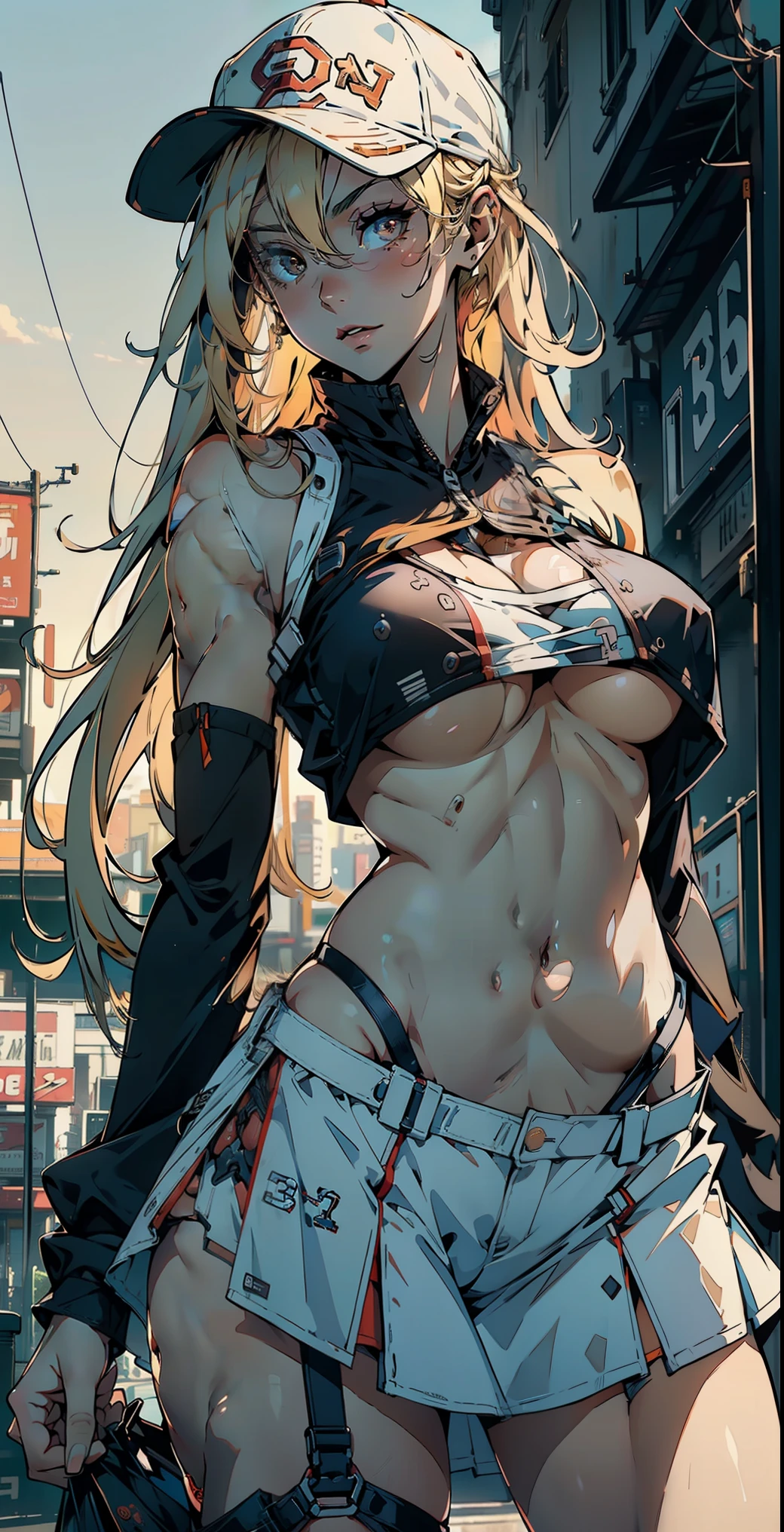 1female,21 years old,Milf,medium breast, thin waist, Slender legs,Pornographic exposure, solo,(Background with:baseball field) She has long blonde hair,((blonde hair)), seen from the front, hair straight, mostly cloudy sky,(((tmasterpiece),(Very detailed CG unity 8K wallpaper),best qualtiy,cinmatic lighting,detailed back ground,beatiful detailed eyes,Bright pupils,(Very fine and beautiful),(Beautiful and detailed eye description),ultra - detailed,tmasterpiece,)),facing at camera,A high resolution,ultra - detailed),revealing breasts,Bare genitals, Bulge,legs are open,Raised sexy,Camel toes,Flushed complexion,Open-mouthed,frontage,baseball player,(Wearing:baseball tank top,nakeness,baseball skirt,baseball cap, ), (((underboobs)))